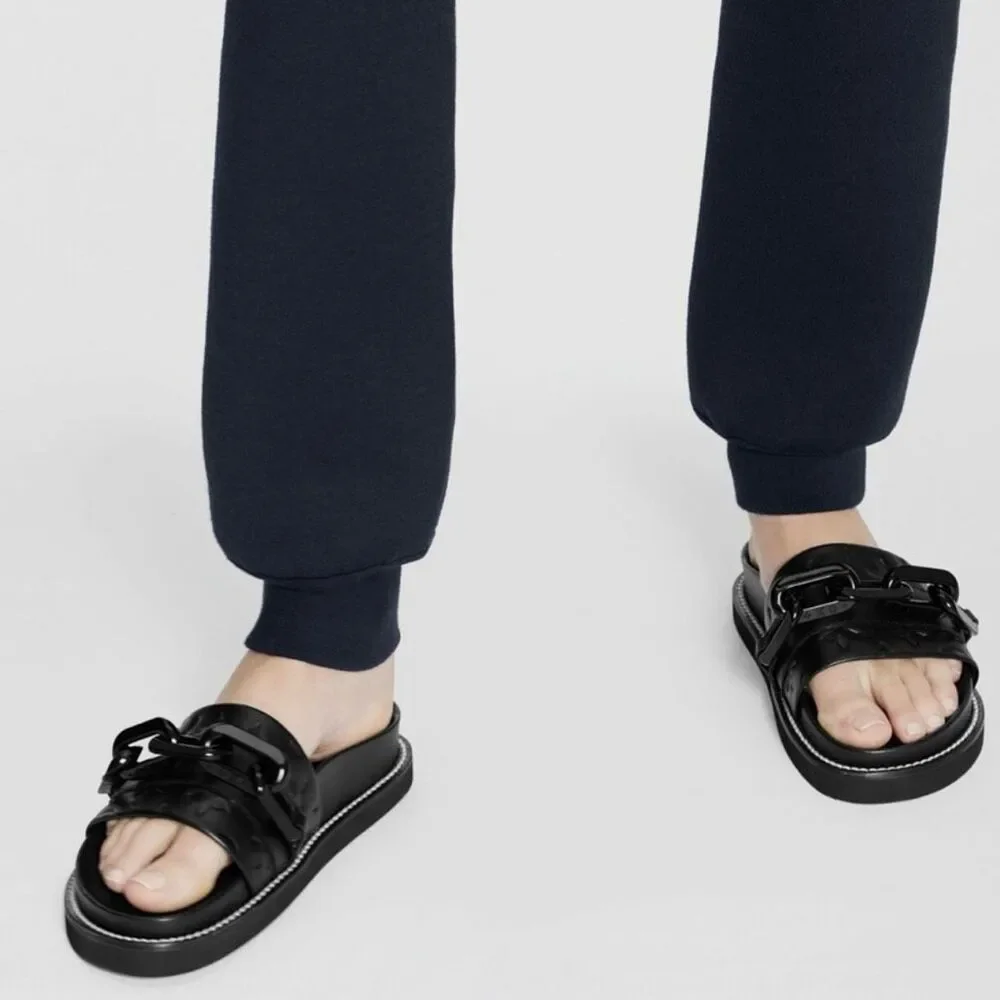 LOUIS VUITTON Sunset Flat Comfort Mule Slide Sandal Size 39 Black Monogram